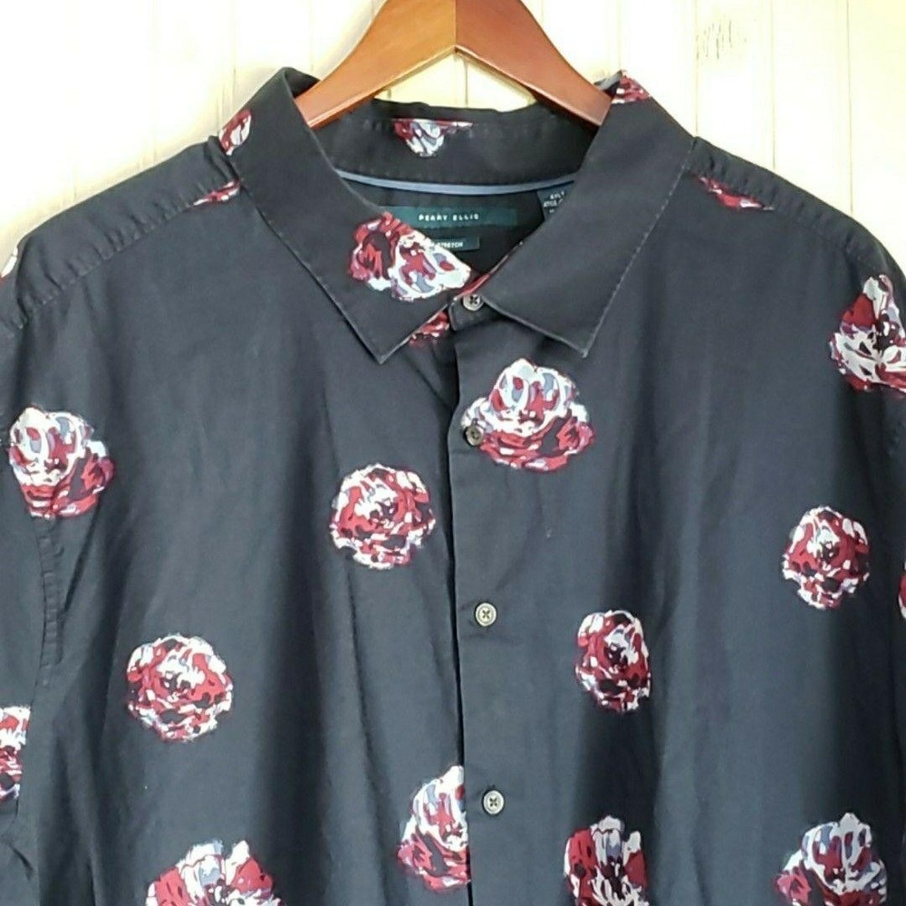 Perry Ellis Shirt Mens 4XLT Blue Floral Short Sleeve Stretch Button-Up Casual